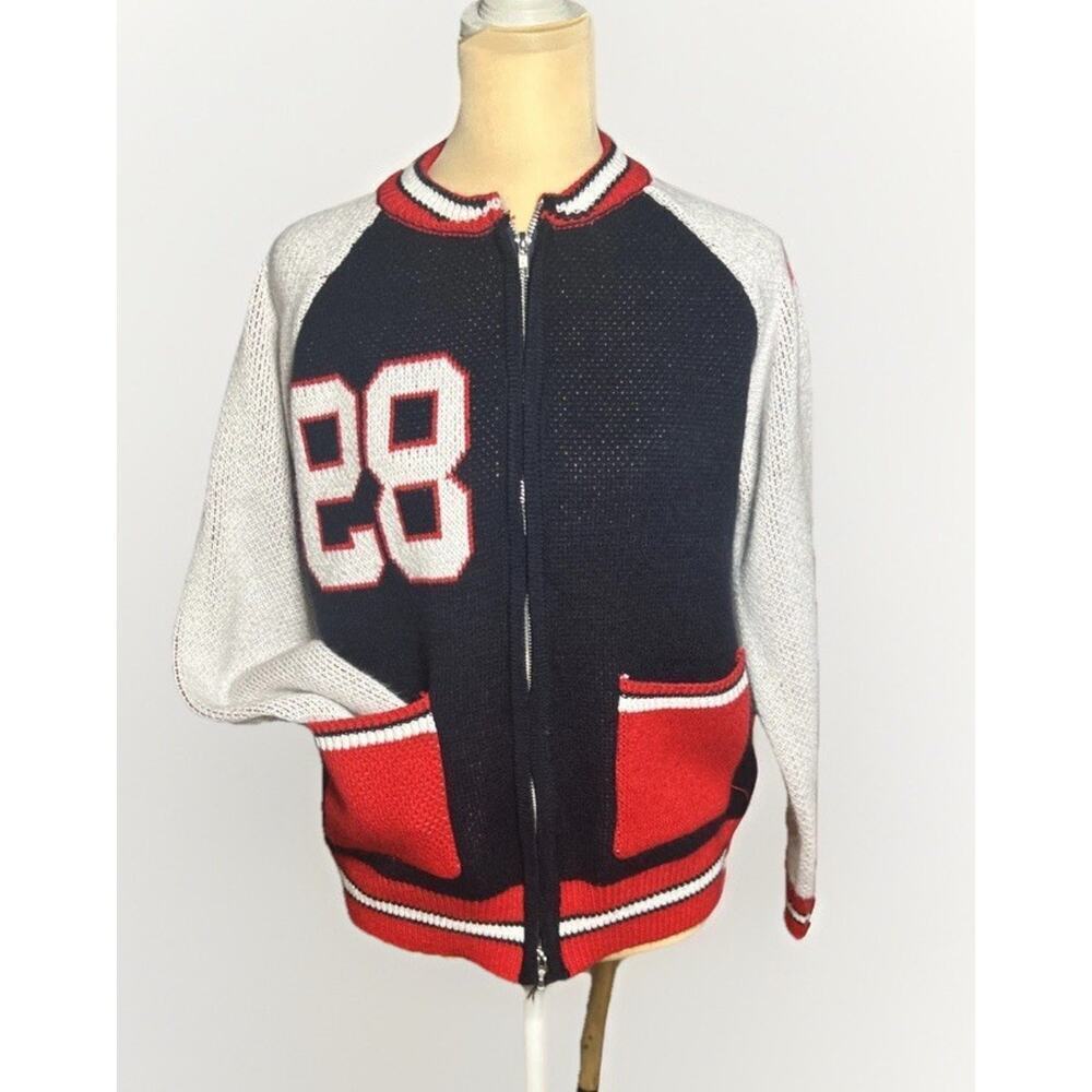 knit varsity-style cardigan sweater Front Zip Pickets 98’ Women’s Size Medium